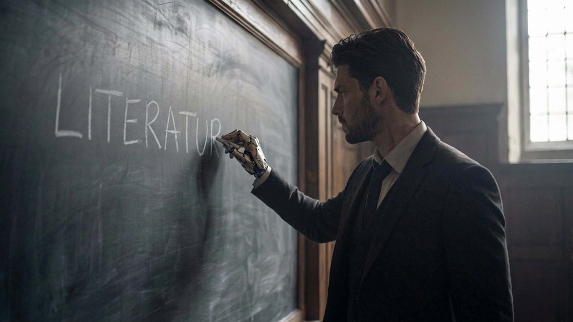 Lucian schreibt mit einer mechanischen Hand an eine Kreidetafel