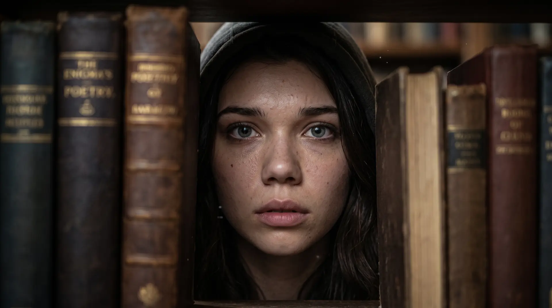 Clara blickt still zwischen den Büchern einer alten Bibliothek hervor